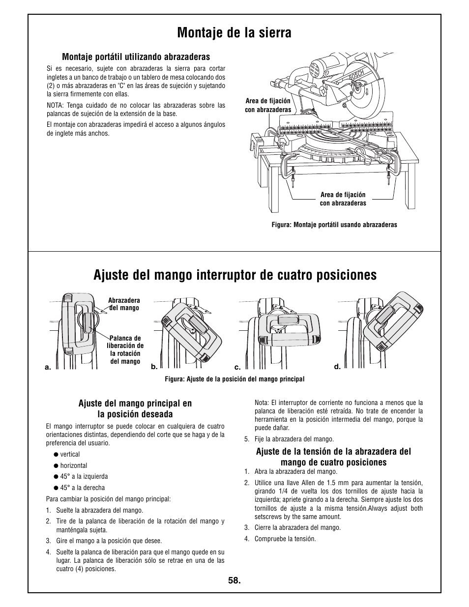 Montaje de la sierra, Ajuste del mango interruptor de cuatro posiciones | Bosch 4410L User Manual | Page 58 / 116