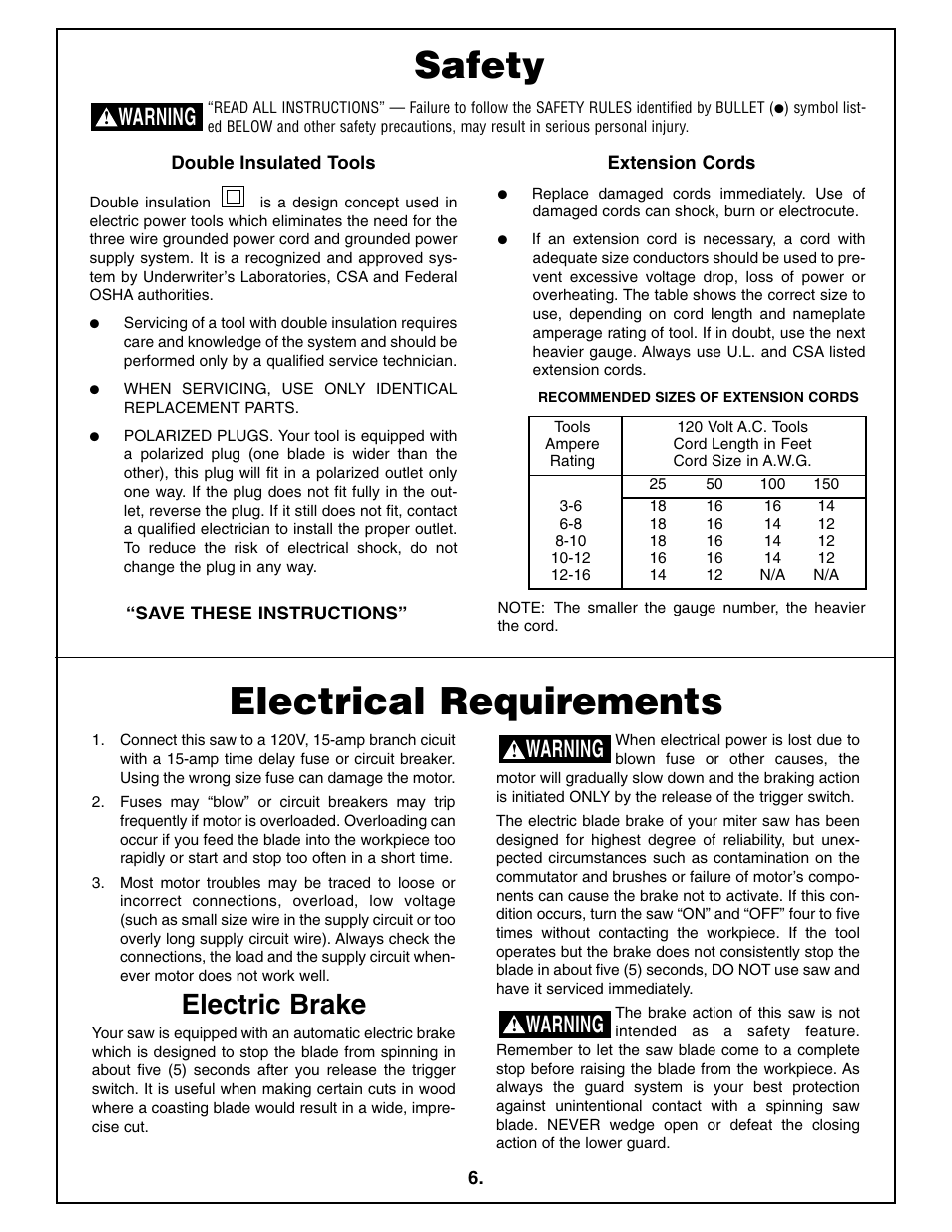 Electrical requirements, Safety, Electric brake | Warning | Bosch 4410L User Manual | Page 6 / 116