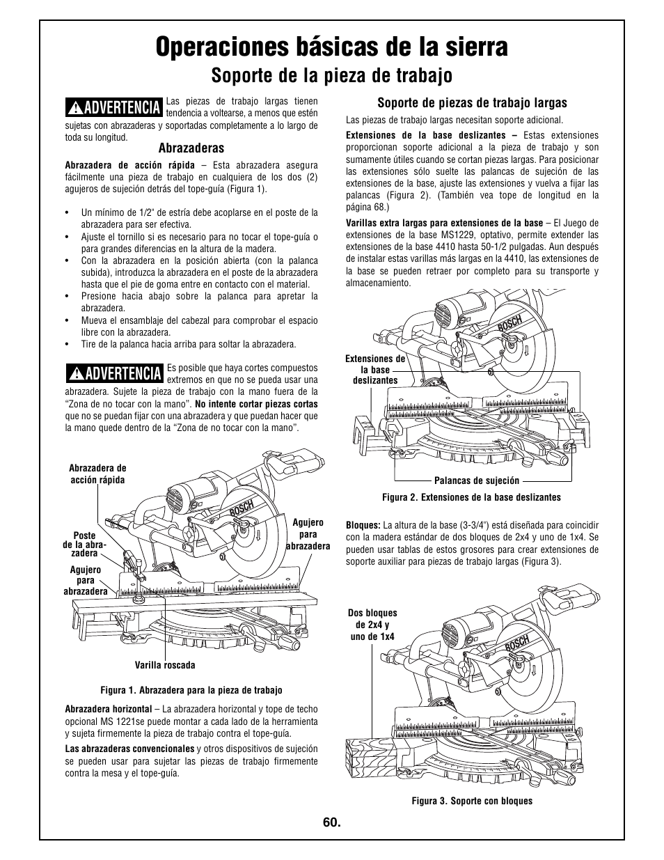 Operaciones básicas de la sierra, Soporte de la pieza de trabajo, Advertencia | Bosch 4410L User Manual | Page 60 / 116