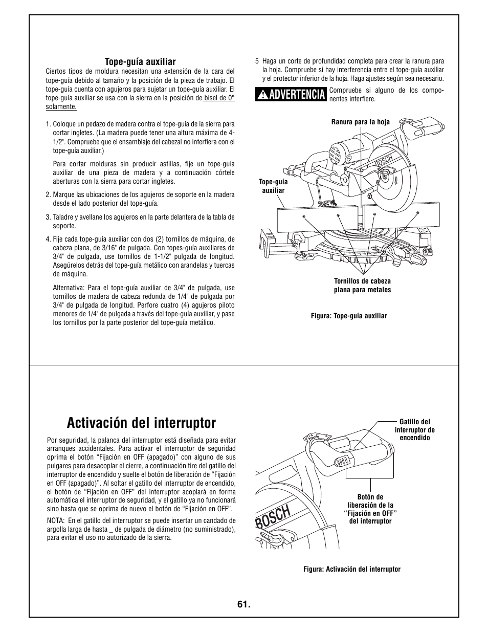 Activación del interruptor, Advertencia | Bosch 4410L User Manual | Page 61 / 116