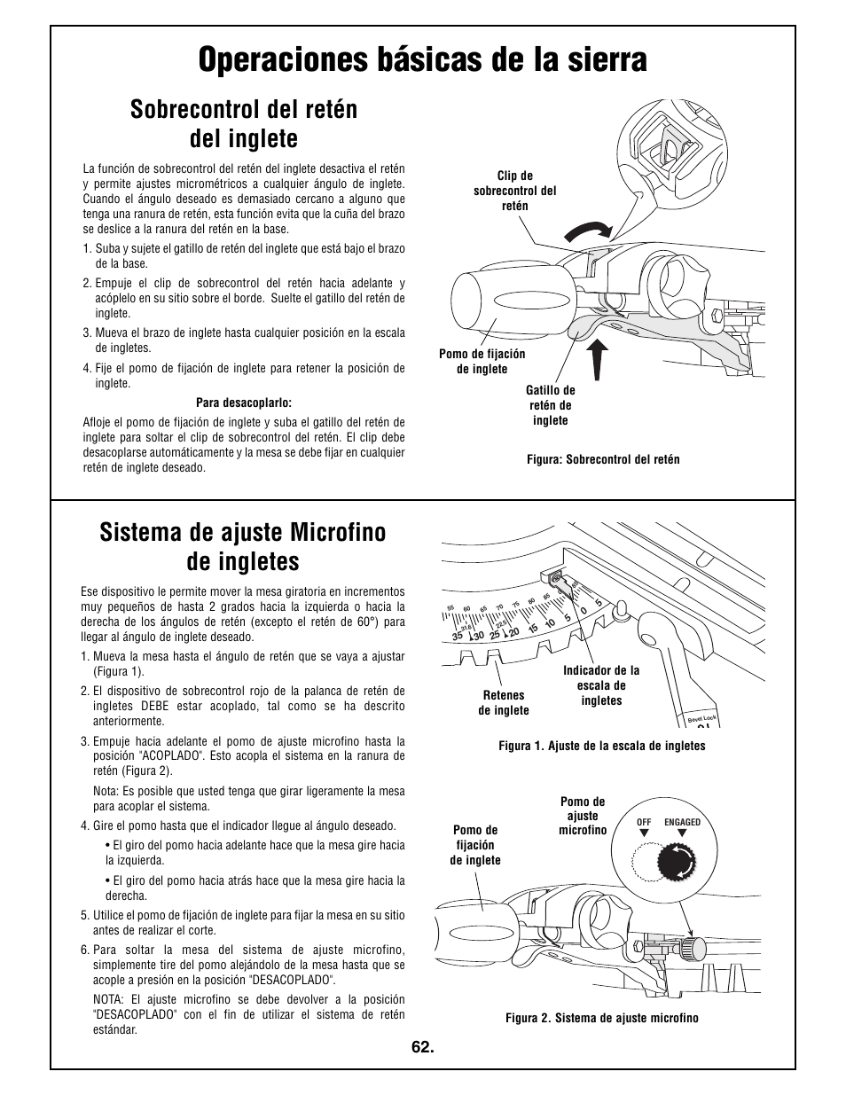 Operaciones básicas de la sierra, Sobrecontrol del retén del inglete, Sistema de ajuste microfino de ingletes | Bosch 4410L User Manual | Page 62 / 116