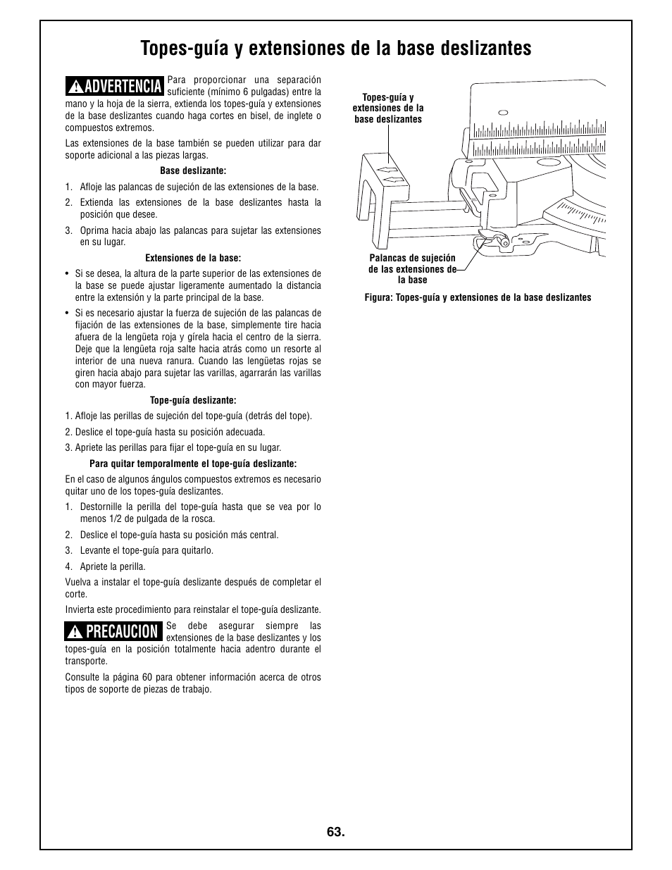 Topes-guía y extensiones de la base deslizantes, Advertencia, Precaucion | Bosch 4410L User Manual | Page 63 / 116