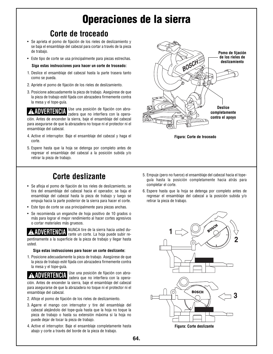 Operaciones de la sierra, Corte de troceado, Corte deslizante | Advertencia | Bosch 4410L User Manual | Page 64 / 116