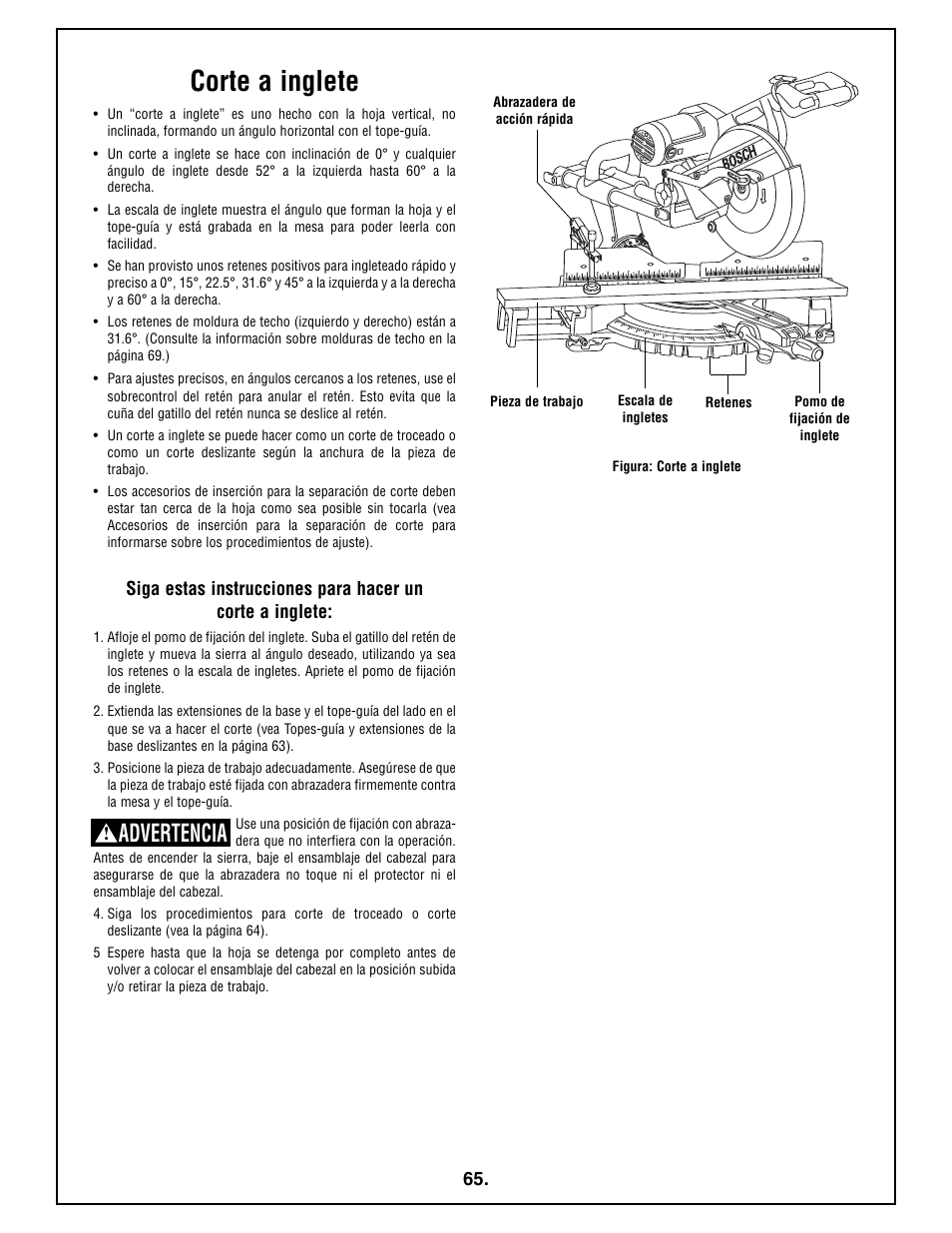 Corte a inglete, Advertencia | Bosch 4410L User Manual | Page 65 / 116