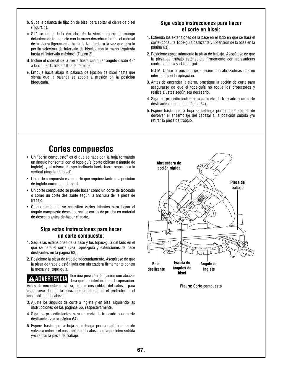 Cortes compuestos, Advertencia | Bosch 4410L User Manual | Page 67 / 116