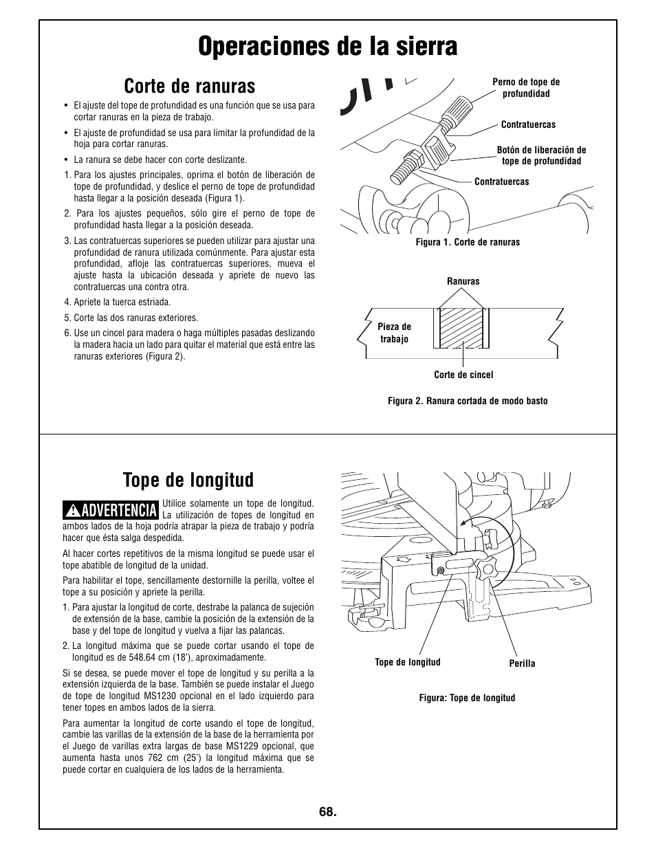 Operaciones de la sierra, Corte de ranuras, Tope de longitud | Advertencia | Bosch 4410L User Manual | Page 68 / 116