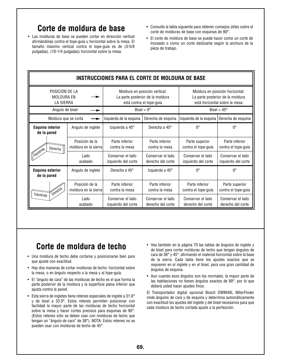 Corte de moldura de base, Corte de moldura de techo, Instrucciones para el corte de moldura de base | Bosch 4410L User Manual | Page 69 / 116