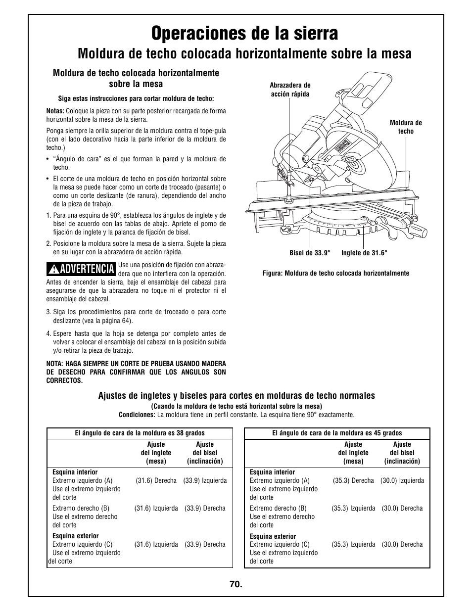 Operaciones de la sierra, Advertencia | Bosch 4410L User Manual | Page 70 / 116