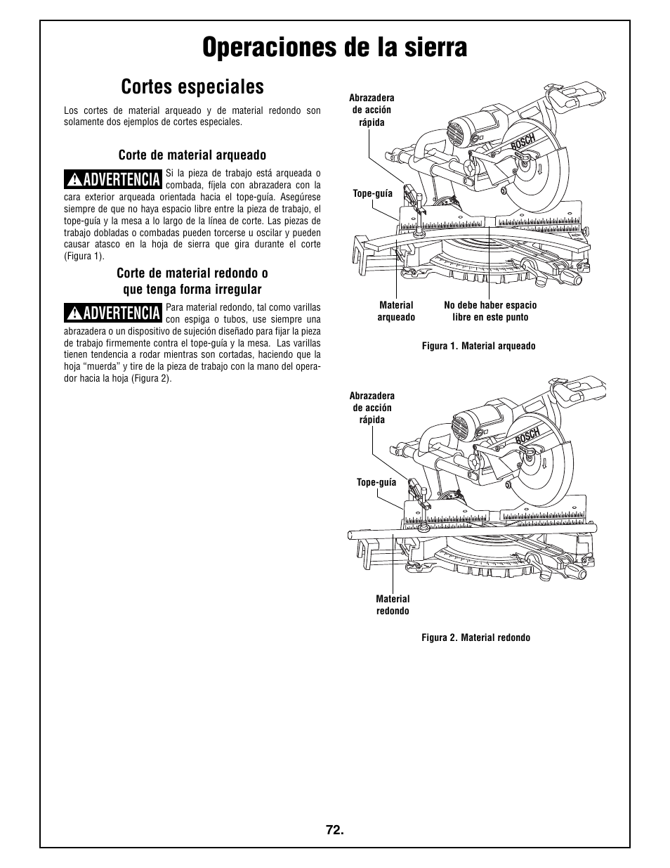 Operaciones de la sierra, Cortes especiales, Advertencia | Bosch 4410L User Manual | Page 72 / 116