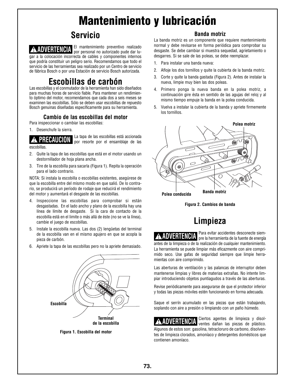 Mantenimiento y lubricación, Servicio, Escobillas de carbón | Limpieza, Precaucion, Advertencia | Bosch 4410L User Manual | Page 73 / 116