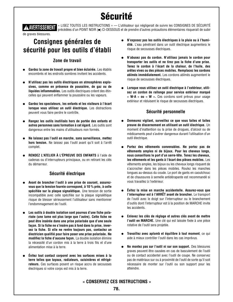 Sécurité, Avertissement, Zone de travail | Sécurité électrique, Sécurité personnelle, Conservez ces instructions | Bosch 4410L User Manual | Page 78 / 116