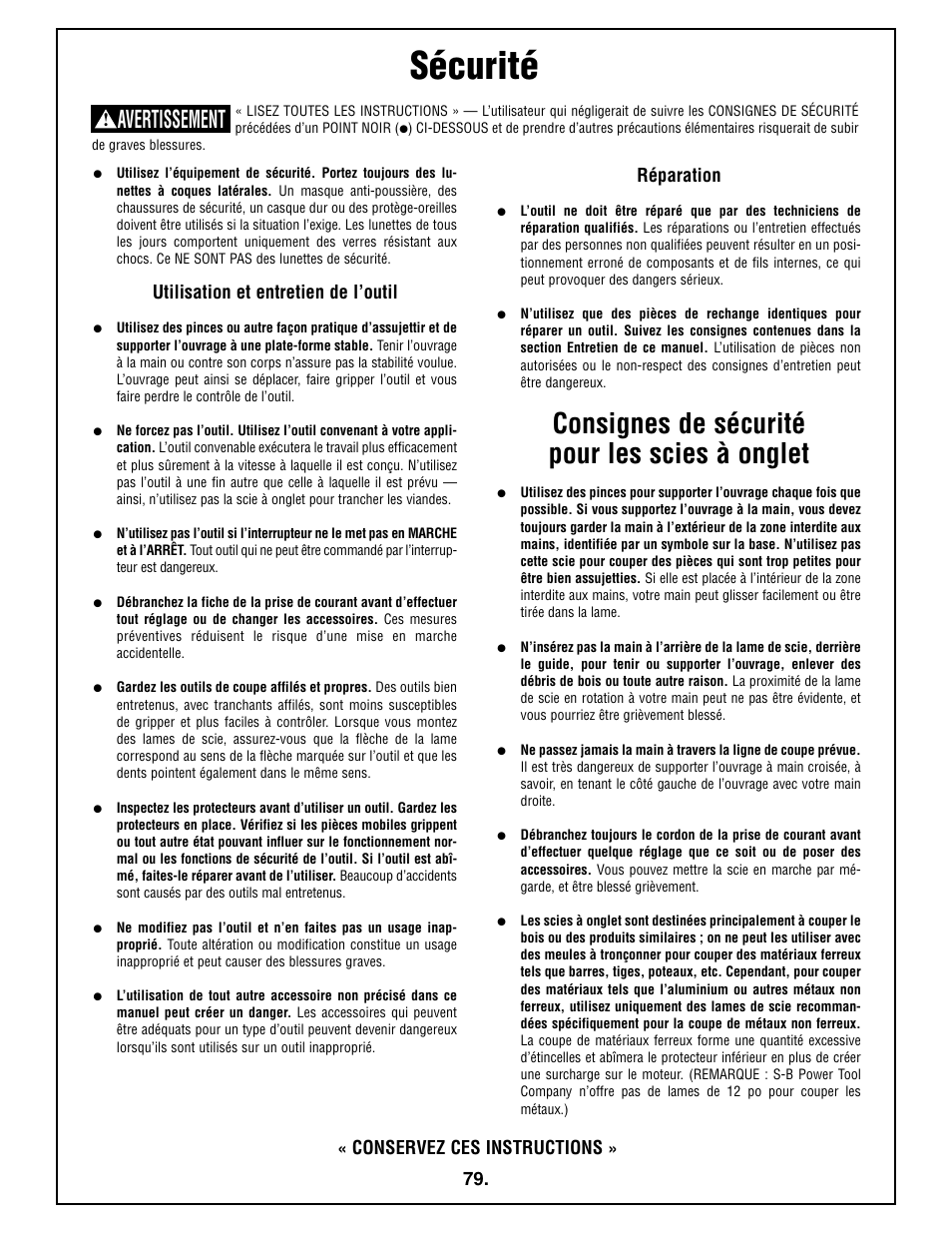 Sécurité, Consignes de sécurité pour les scies à onglet, Avertissement | Utilisation et entretien de l’outil, Réparation, Conservez ces instructions | Bosch 4410L User Manual | Page 79 / 116