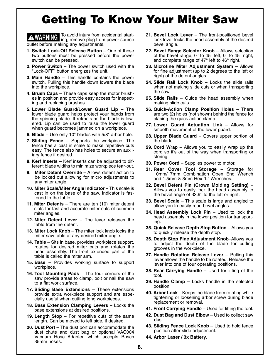 Getting to know your miter saw, Warning | Bosch 4410L User Manual | Page 8 / 116