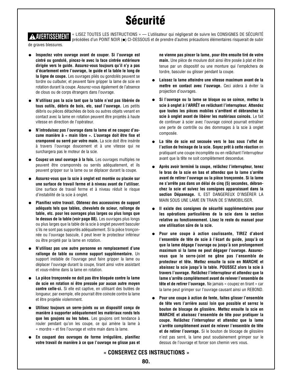 Sécurité, Avertissement, Conservez ces instructions | Bosch 4410L User Manual | Page 80 / 116