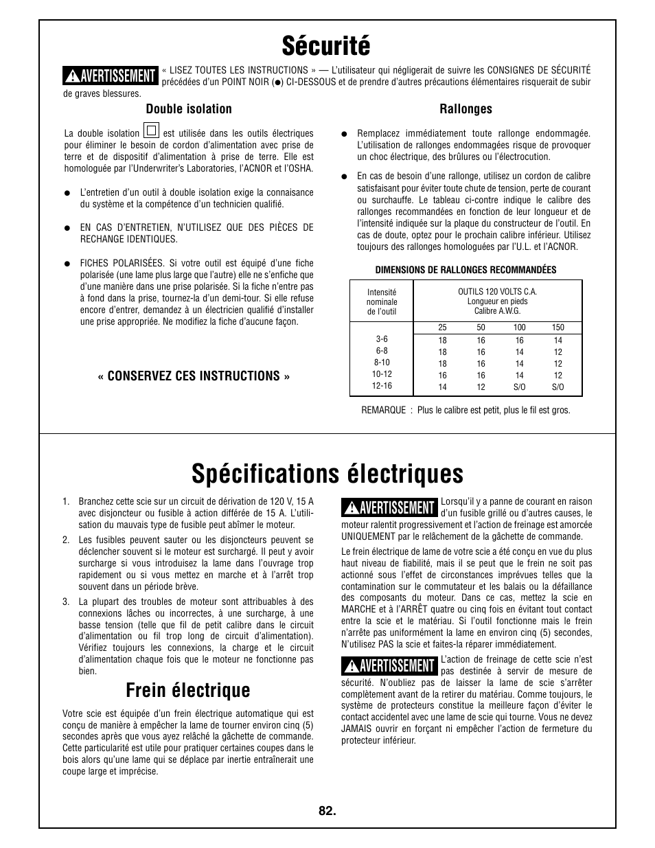 Spécifications électriques, Sécurité, Frein électrique | Avertissement, Double isolation, Rallonges, Conservez ces instructions | Bosch 4410L User Manual | Page 82 / 116