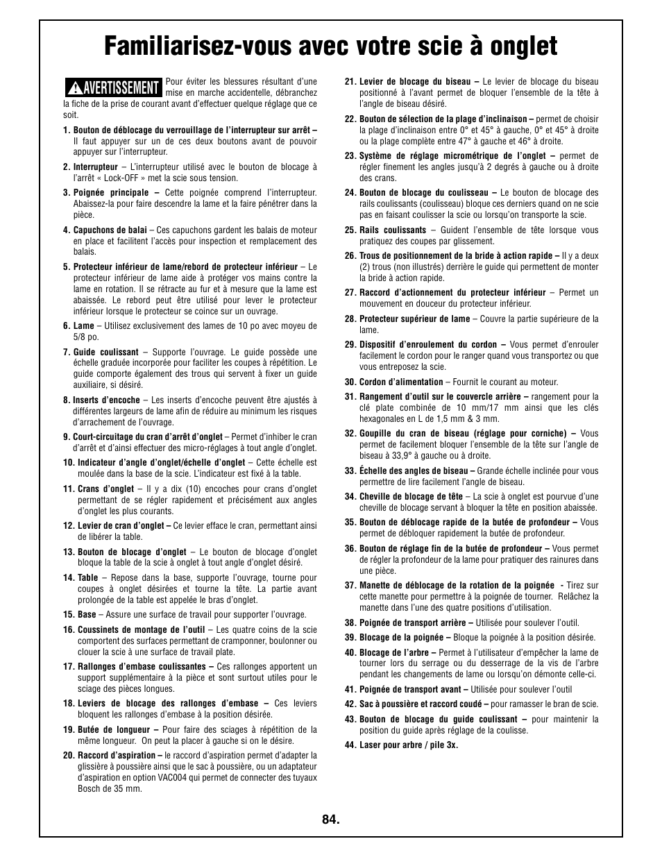 Familiarisez-vous avec votre scie à onglet, Avertissement | Bosch 4410L User Manual | Page 84 / 116