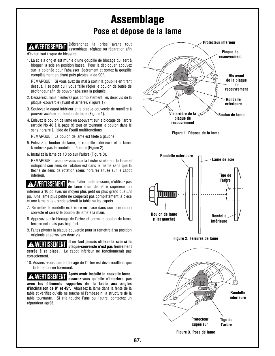 Assemblage, Pose et dépose de la lame, Avertissement | Bosch 4410L User Manual | Page 87 / 116