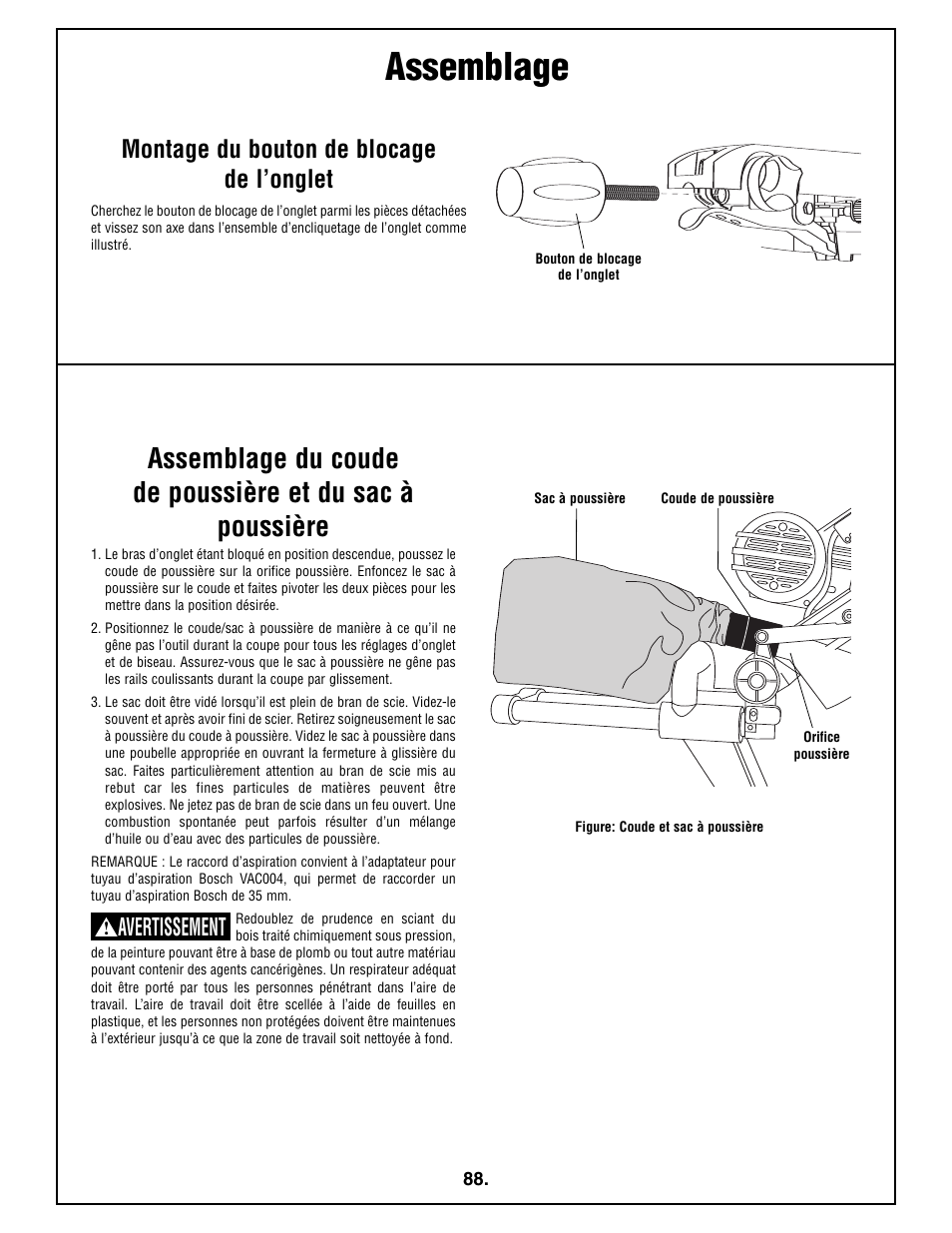 Assemblage, Avertissement, Montage du bouton de blocage de l’onglet | Bosch 4410L User Manual | Page 88 / 116