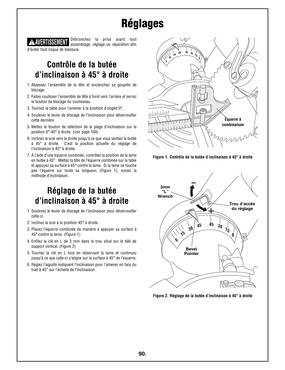 Réglages, Contrôle de la butée d’inclinaison а 45° а droite, Réglage de la butée d’inclinaison а 45° а droite | Avertissement | Bosch 4410L User Manual | Page 90 / 116