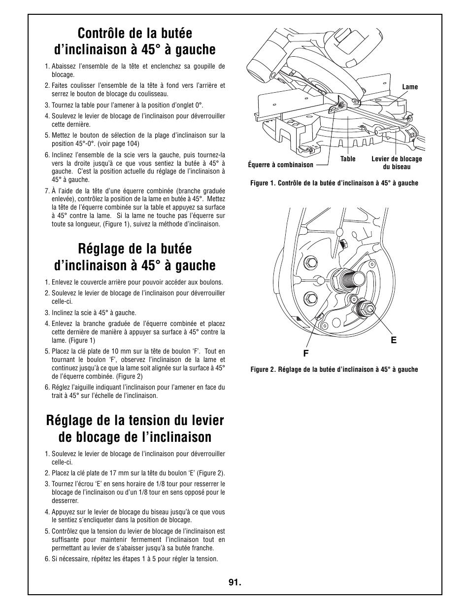 Contrôle de la butée d’inclinaison а 45° а gauche, Réglage de la butée d’inclinaison а 45° а gauche | Bosch 4410L User Manual | Page 91 / 116