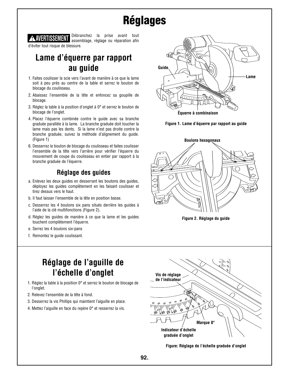 Réglages, Lame d’équerre par rapport au guide, Réglage de l’aguille de l’échelle d’onglet | Avertissement, Réglage des guides | Bosch 4410L User Manual | Page 92 / 116