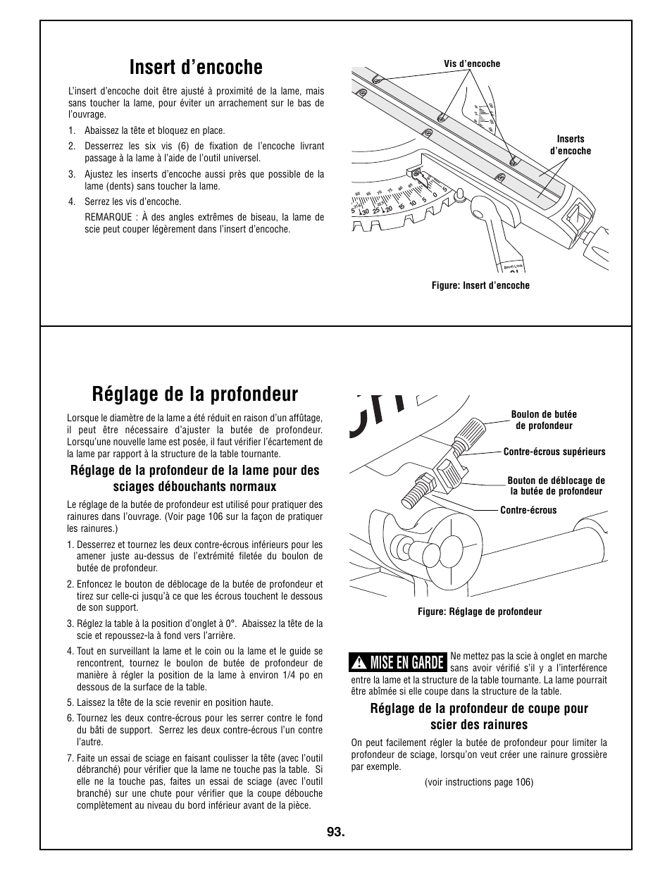 Réglage de la profondeur, Insert d’encoche, Mise en garde | Bosch 4410L User Manual | Page 93 / 116