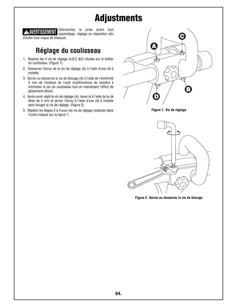 Adjustments, Réglage du coulisseau, Avertissement | Bosch 4410L User Manual | Page 94 / 116