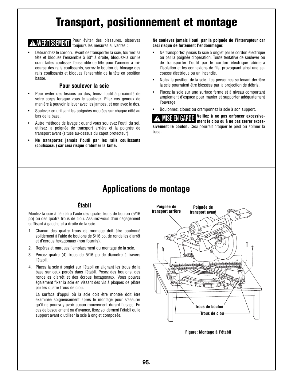 Transport, positionnement et montage, Applications de montage, Avertissement | Mise en garde | Bosch 4410L User Manual | Page 95 / 116