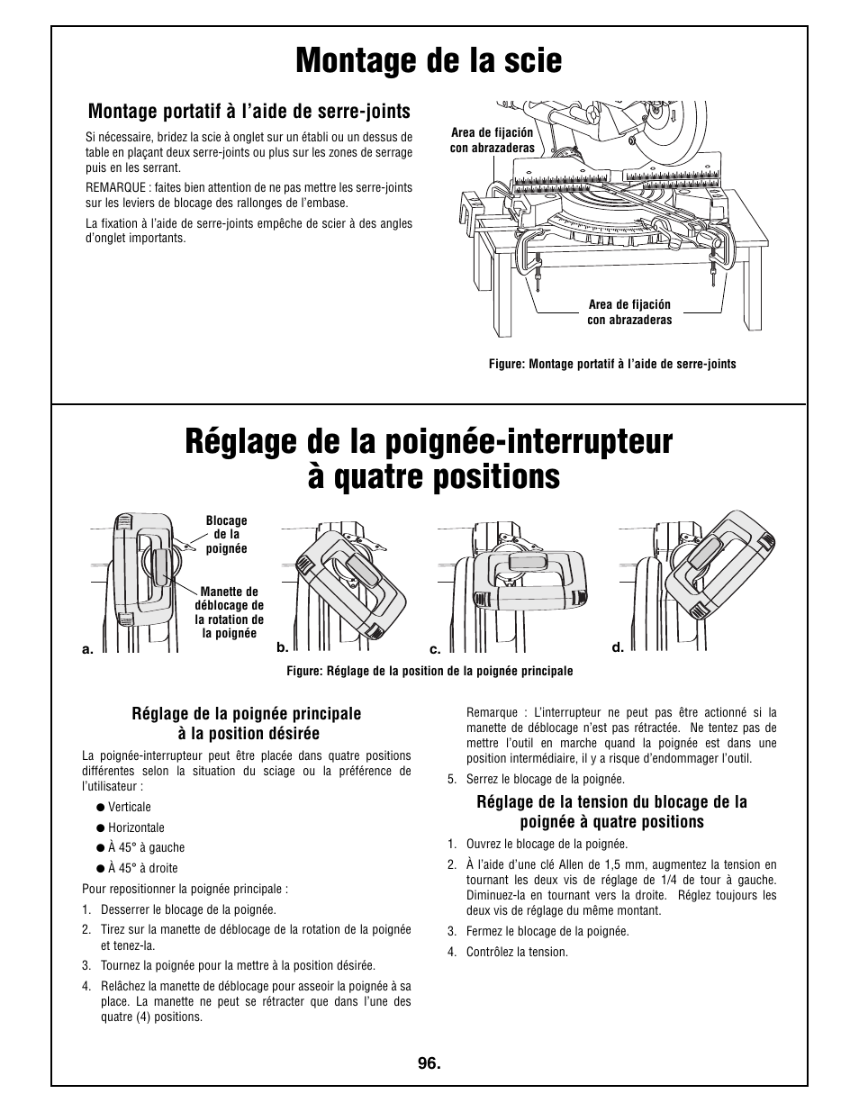 Montage de la scie, Montage portatif à l’aide de serre-joints | Bosch 4410L User Manual | Page 96 / 116