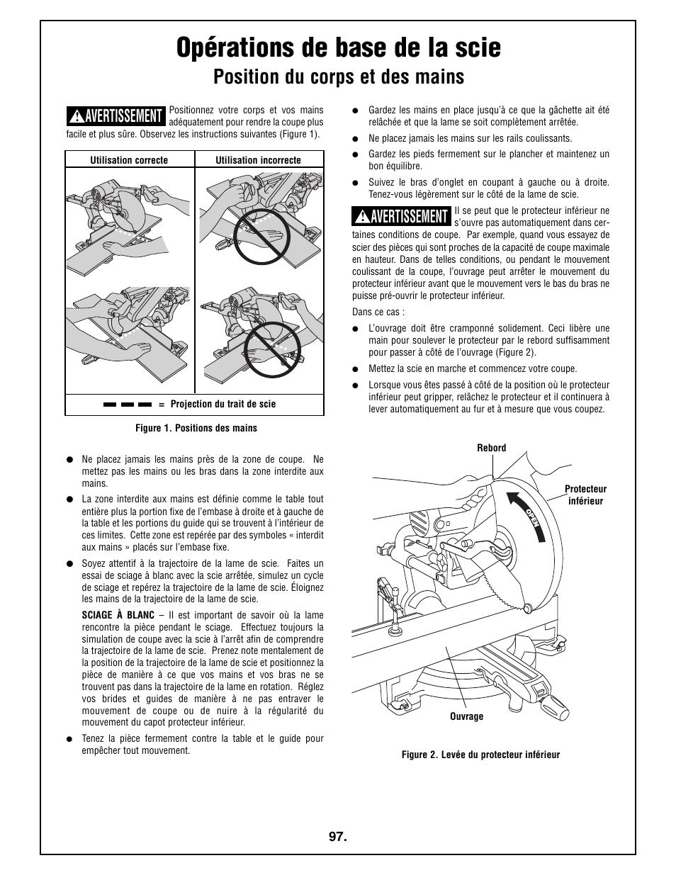 Opérations de base de la scie, Position du corps et des mains, Avertissement | Bosch 4410L User Manual | Page 97 / 116