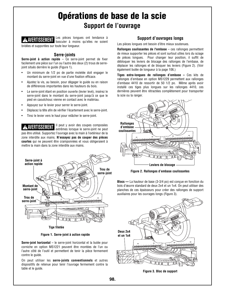 Opérations de base de la scie, Support de l’ouvrage, Avertissement | Bosch 4410L User Manual | Page 98 / 116