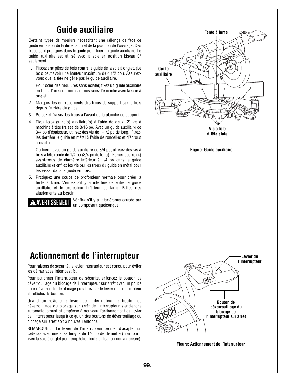 Actionnement de l’interrupteur, Guide auxiliaire, Avertissement | Bosch 4410L User Manual | Page 99 / 116