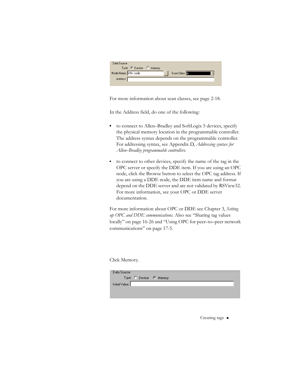 Specifying memory as the data source, Specifying memory as the data source -21 | Rockwell Automation 9301 Series RSView32 Users Guide User Manual | Page 101 / 769