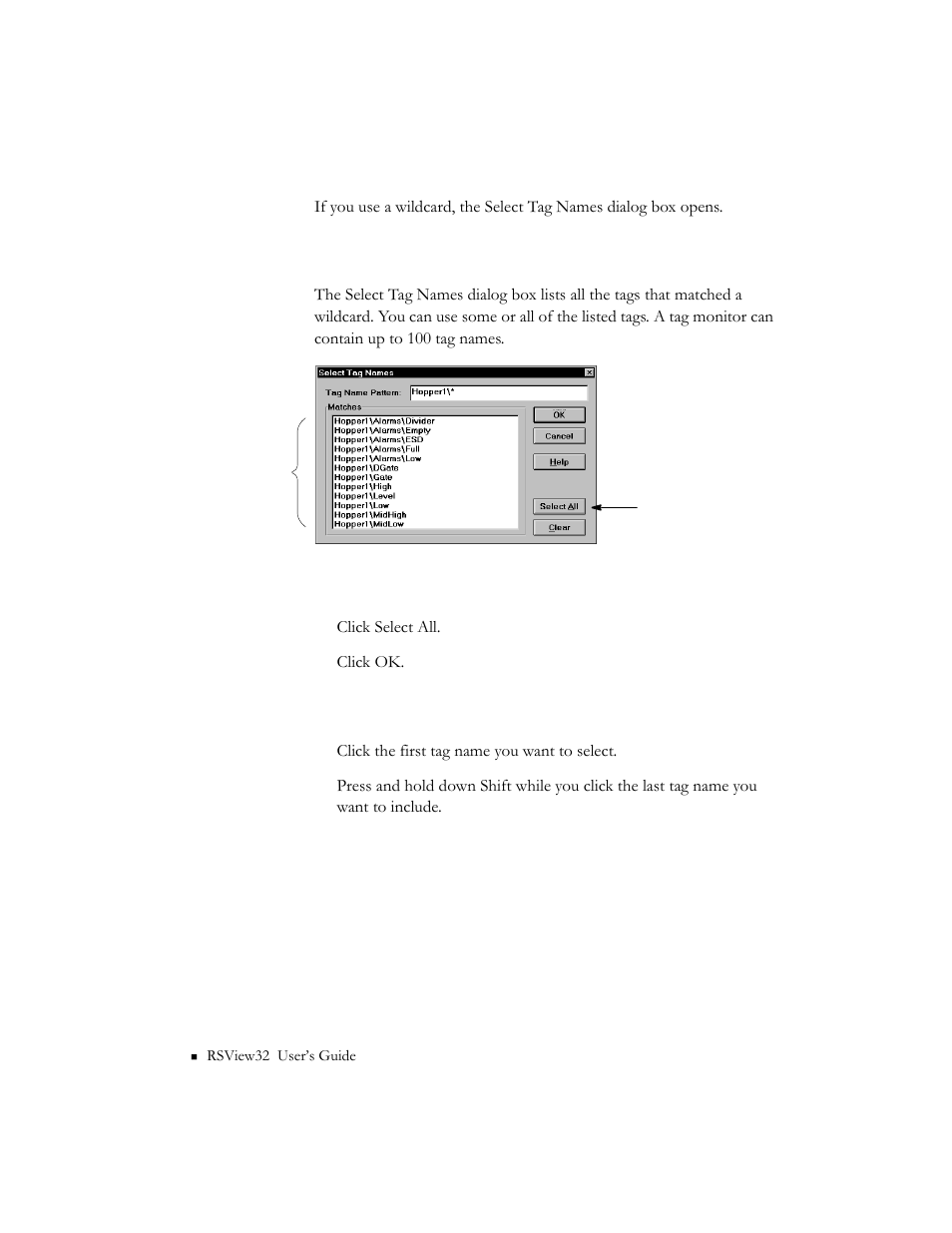 Using the select tag names dialog box | Rockwell Automation 9301 Series RSView32 Users Guide User Manual | Page 112 / 769