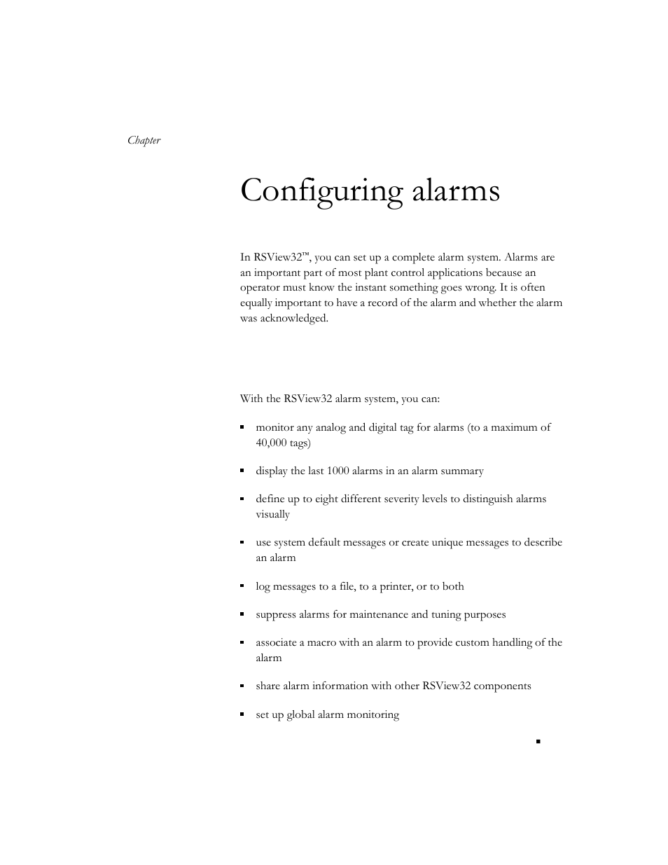 Configuring alarms, Summary of features, Chapter 6 | Rockwell Automation 9301 Series RSView32 Users Guide User Manual | Page 127 / 769