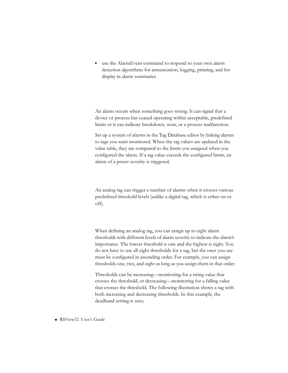 Key concepts, Alarms for analog tags, Thresholds | Alarms for analog tags -2 | Rockwell Automation 9301 Series RSView32 Users Guide User Manual | Page 128 / 769