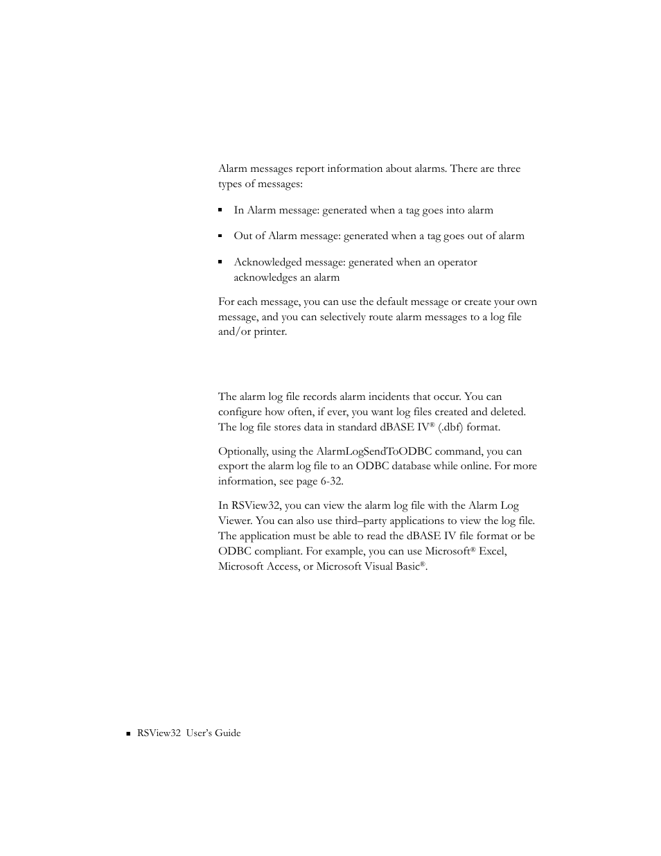 Alarm messages, Alarm log file, Alarm messages -8 alarm log file -8 | Rockwell Automation 9301 Series RSView32 Users Guide User Manual | Page 134 / 769