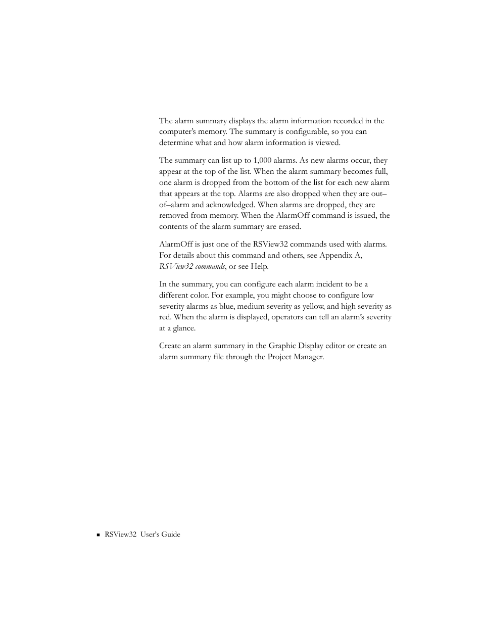Alarm summary | Rockwell Automation 9301 Series RSView32 Users Guide User Manual | Page 136 / 769