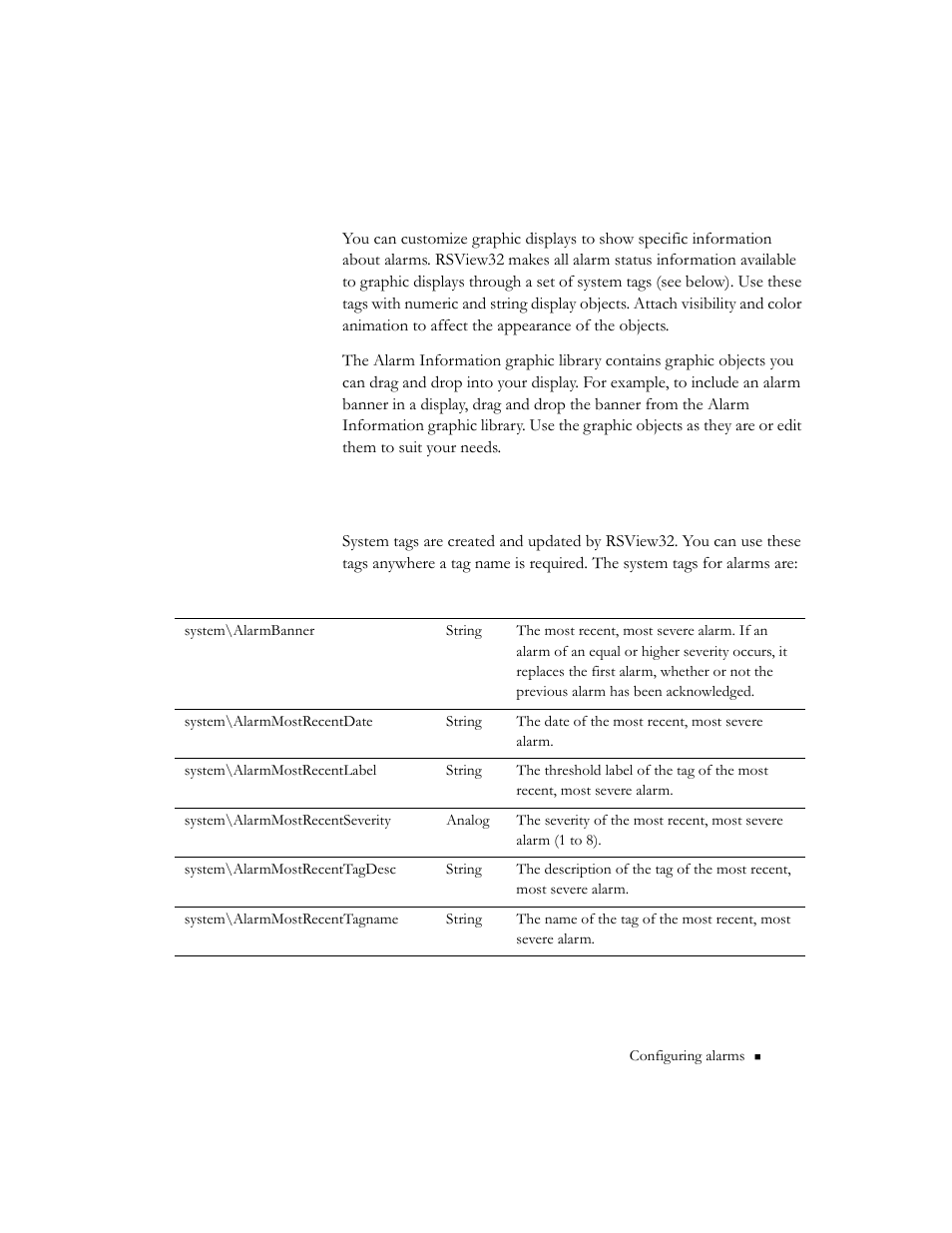 Graphic objects and displays, Alarm system tags, Alarm system tags -11 | Rockwell Automation 9301 Series RSView32 Users Guide User Manual | Page 137 / 769