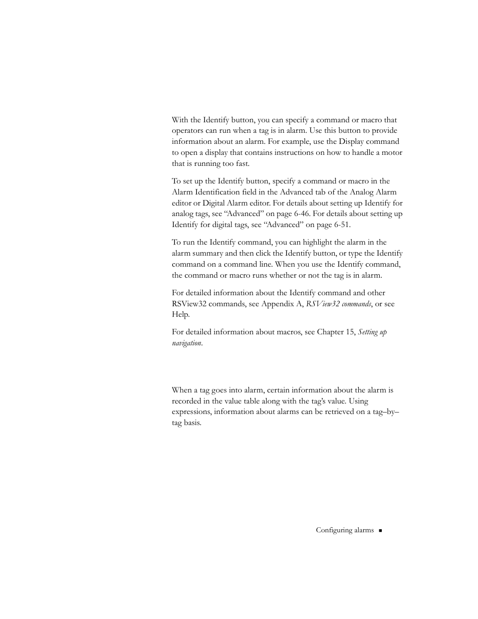 About the identify button, Alarm expressions, Alarm expressions -15 | Rockwell Automation 9301 Series RSView32 Users Guide User Manual | Page 141 / 769