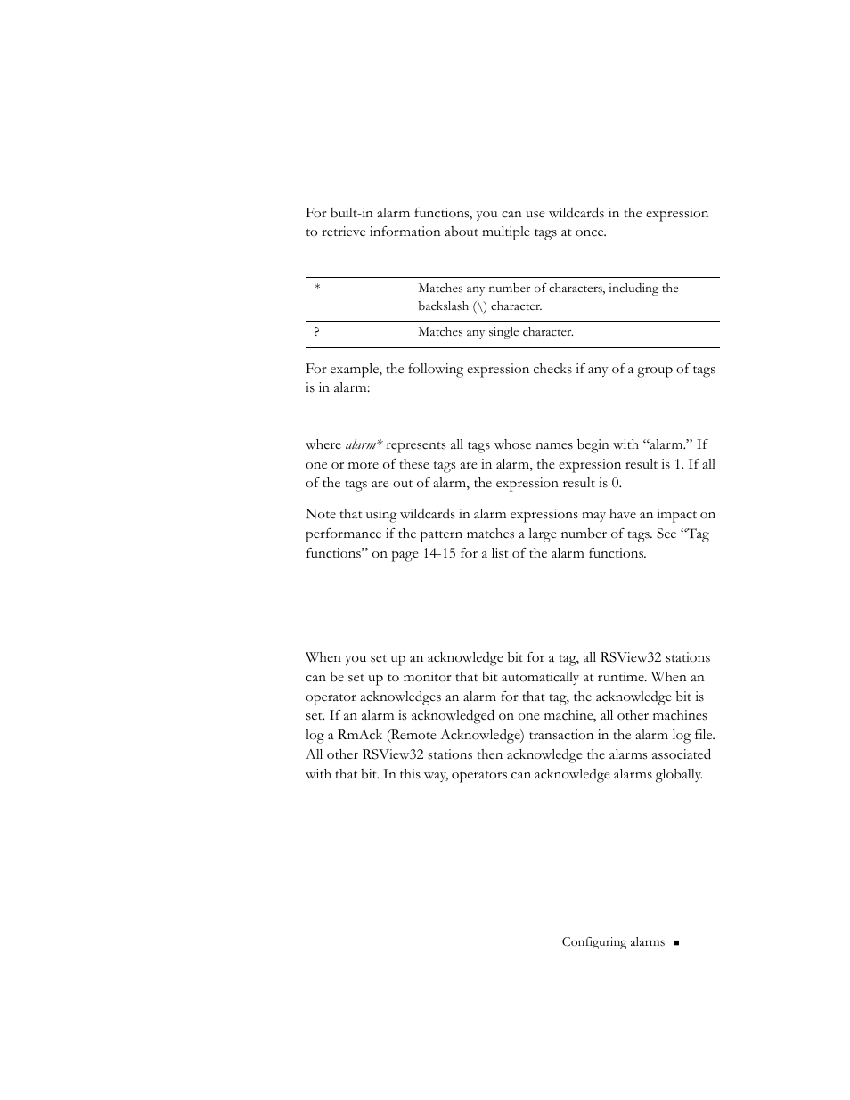 Using wildcards in alarm expressions, Acknowledge bit (globally acknowledging alarms) | Rockwell Automation 9301 Series RSView32 Users Guide User Manual | Page 143 / 769