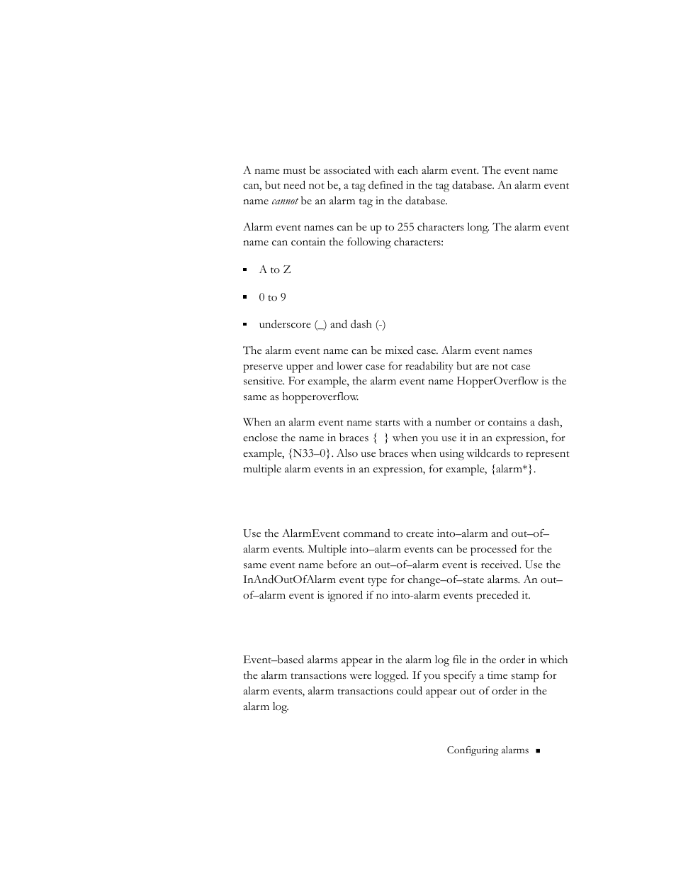 Naming alarm events, Using event types, How event–based alarms are logged | Rockwell Automation 9301 Series RSView32 Users Guide User Manual | Page 147 / 769