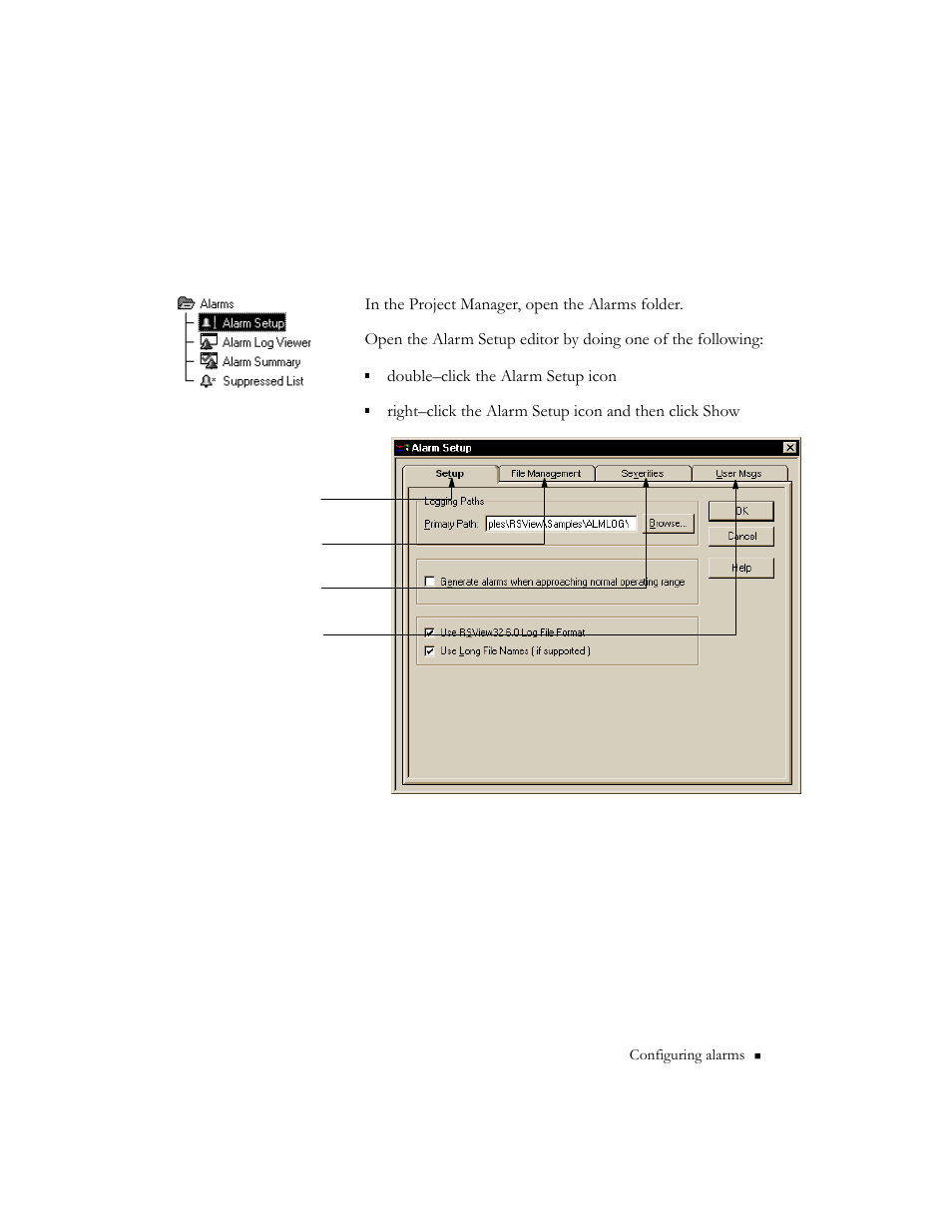 The alarm setup editor | Rockwell Automation 9301 Series RSView32 Users Guide User Manual | Page 149 / 769