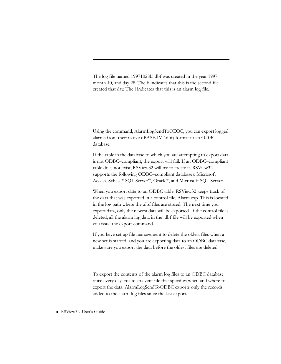 Exporting alarm log files to odbc format | Rockwell Automation 9301 Series RSView32 Users Guide User Manual | Page 158 / 769