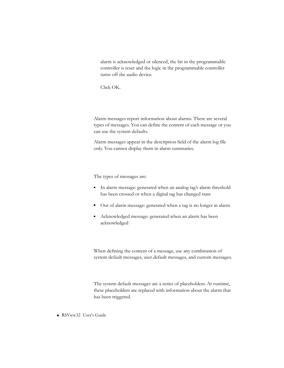 Configuring alarm messages, Types of messages, Defining the content of the message | System default messages | Rockwell Automation 9301 Series RSView32 Users Guide User Manual | Page 162 / 769
