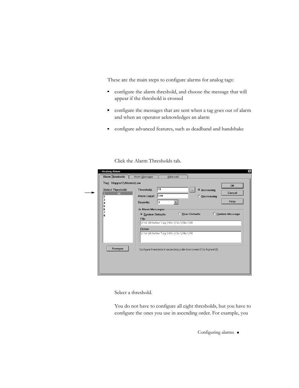 Configuring alarms for analog tags, Alarm thresholds, Alarm thresholds -43 | Rockwell Automation 9301 Series RSView32 Users Guide User Manual | Page 169 / 769