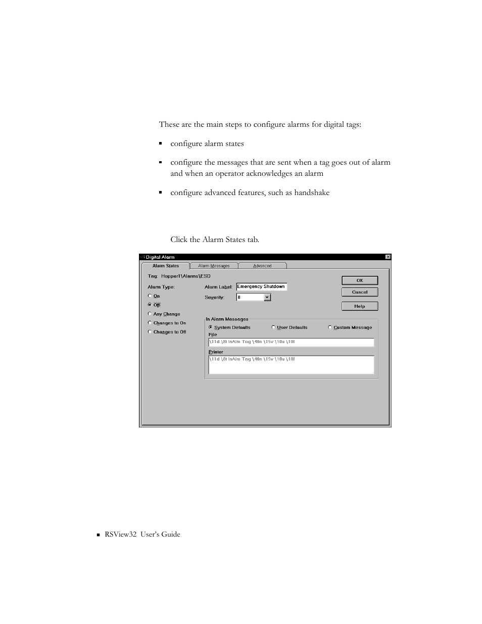 Configuring alarms for digital tags, Alarm states, Alarm states -48 | Rockwell Automation 9301 Series RSView32 Users Guide User Manual | Page 174 / 769