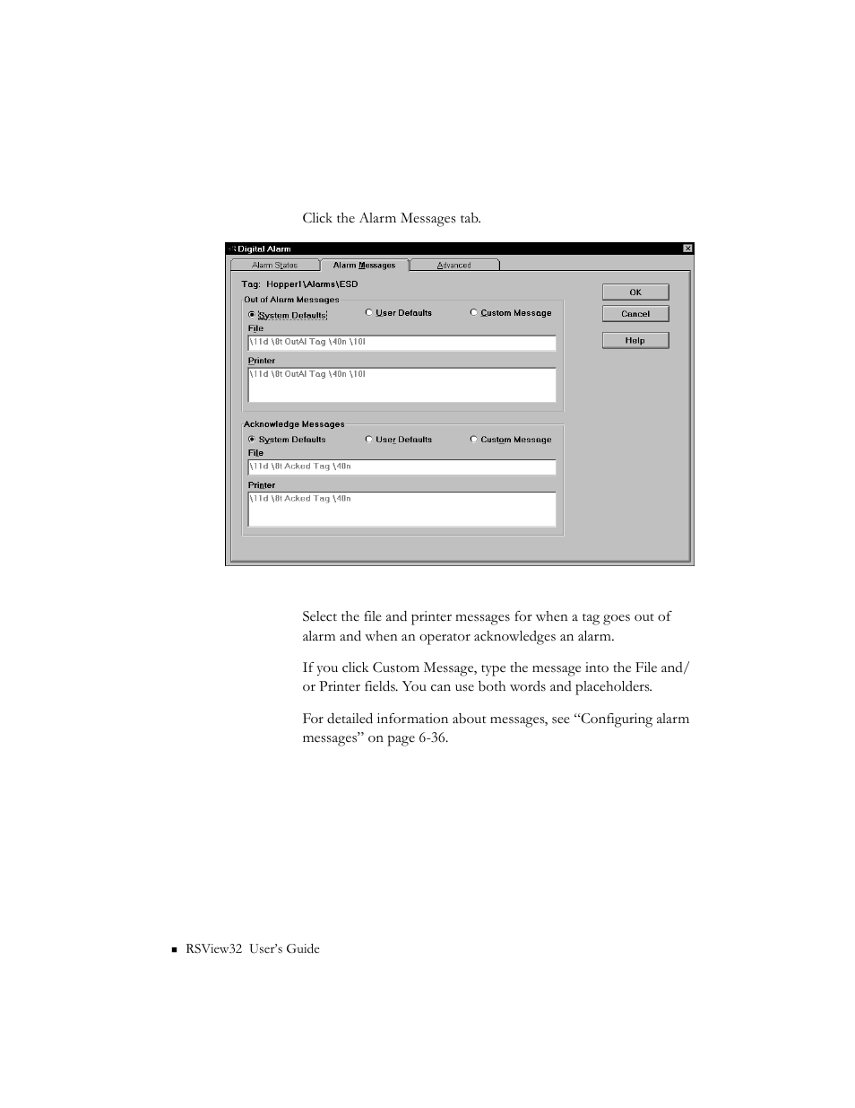 Alarm messages, Alarm messages -50 | Rockwell Automation 9301 Series RSView32 Users Guide User Manual | Page 176 / 769