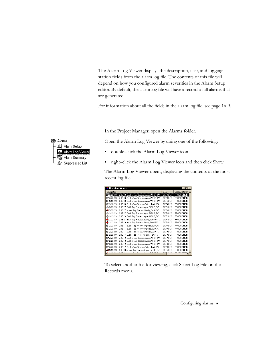 Viewing the alarm log file | Rockwell Automation 9301 Series RSView32 Users Guide User Manual | Page 179 / 769