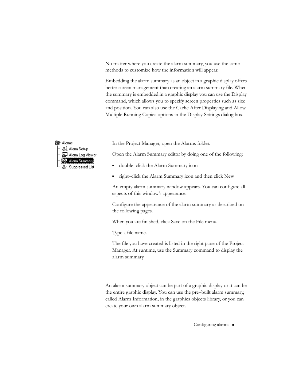 Creating an alarm summary file, Creating an alarm summary object | Rockwell Automation 9301 Series RSView32 Users Guide User Manual | Page 181 / 769
